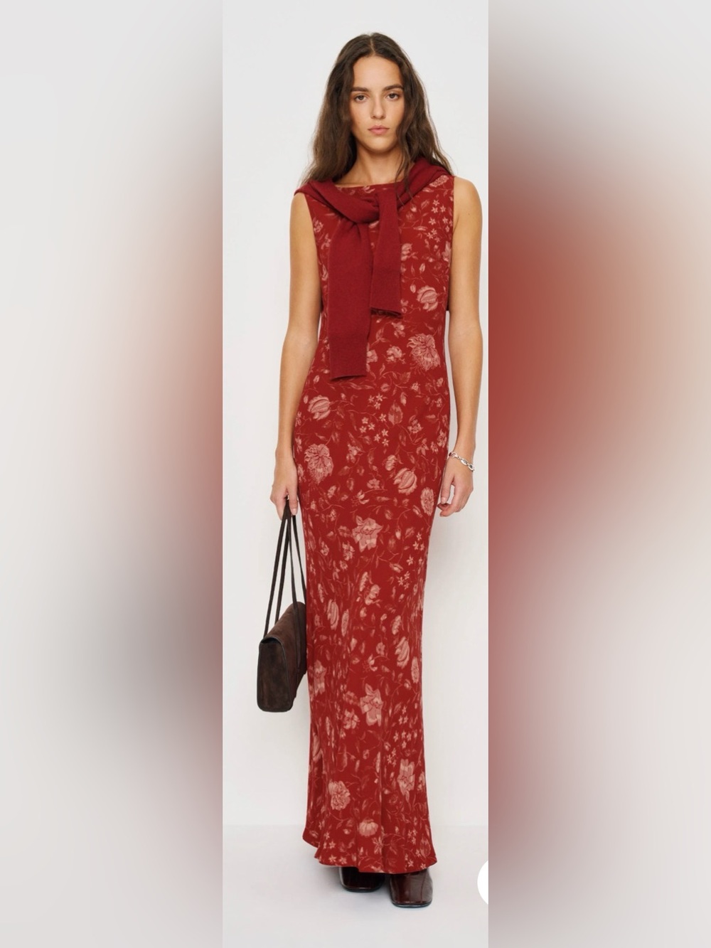 new Reformation Prescott boat neck maxi dress in Tudor Rose red orange floral